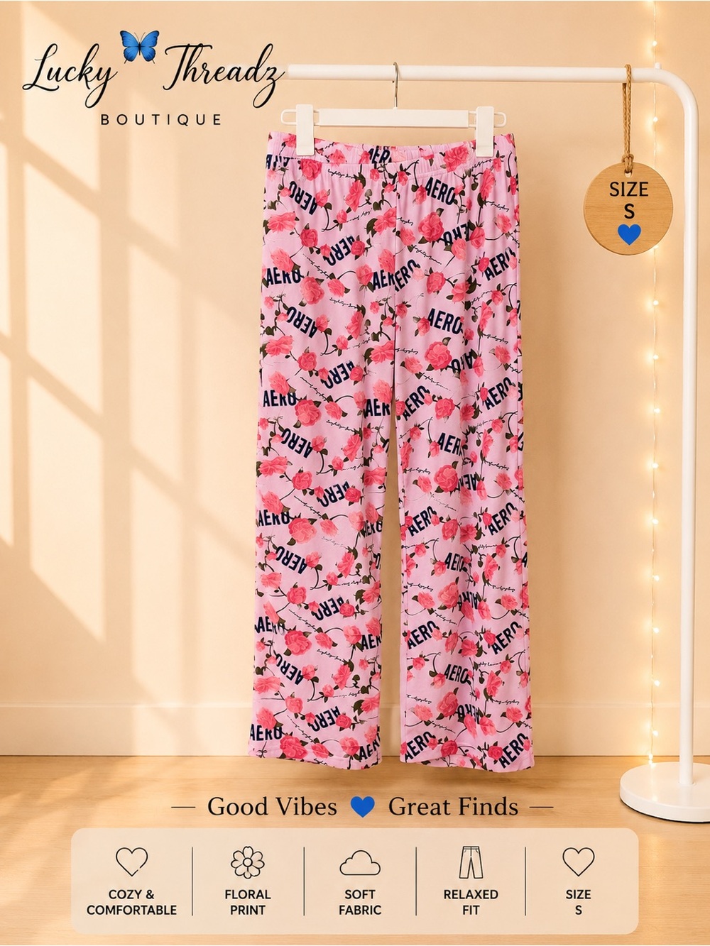 Aeropostale Pink Floral Logo Pajama Pants Size Small